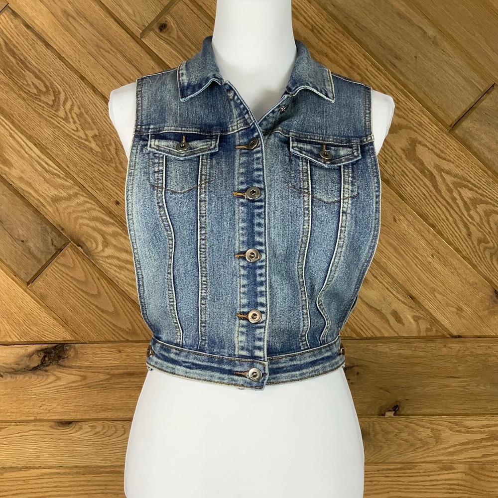 CHIQLE Womens Size S Top Vest Lace Back Boho Denim Open Sides Collared Blue